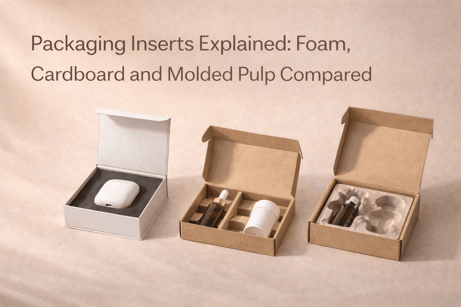 Open packaging samples showing three insert types including foam cardboard and molded pulp holding products in place on a studio surface.