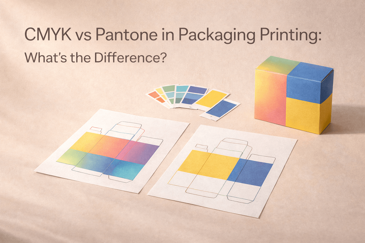 Packaging print samples with color swatches and printed box panels showing CMYK process colors and Pantone spot color references on a studio desk.