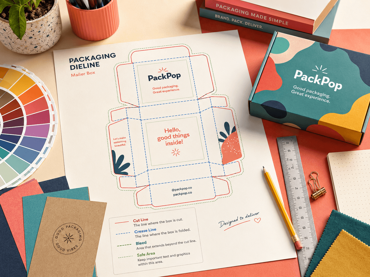 Colorful mailer box packaging dieline on a creative desk showing cut lines, crease lines, bleed and safe area with a branded sample box nearby.