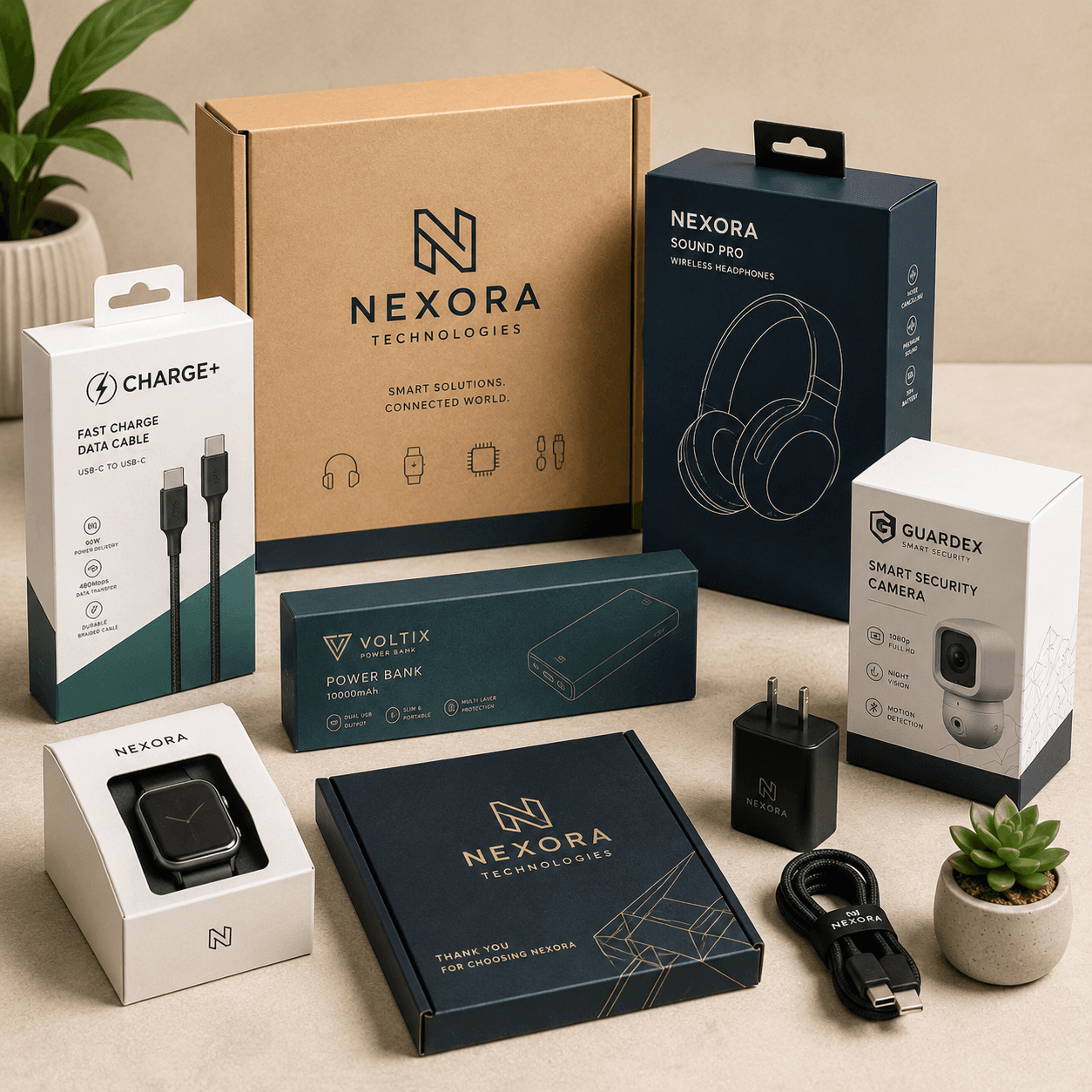 Custom electronics packaging for gadgets, featuring branded boxes for headphones, watches, chargers, cameras, and earbuds.