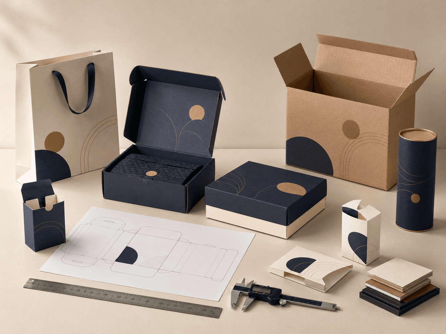 Custom box sizes and packaging styles shown with dielines, measuring tools and prototypes