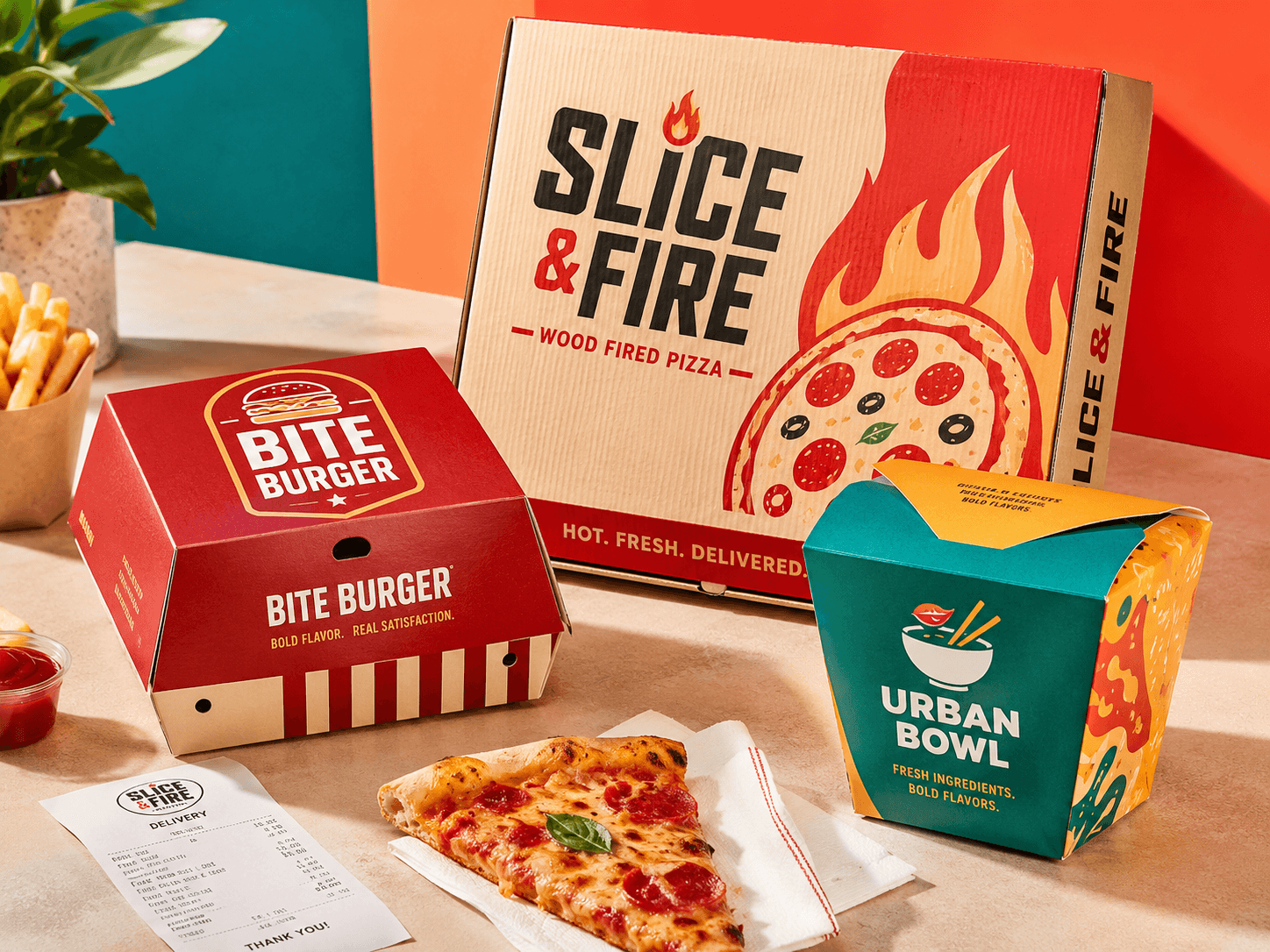 Colorful branded burger boxes, pizza boxes and takeout boxes showing custom food packaging for restaurants and bakeries.
