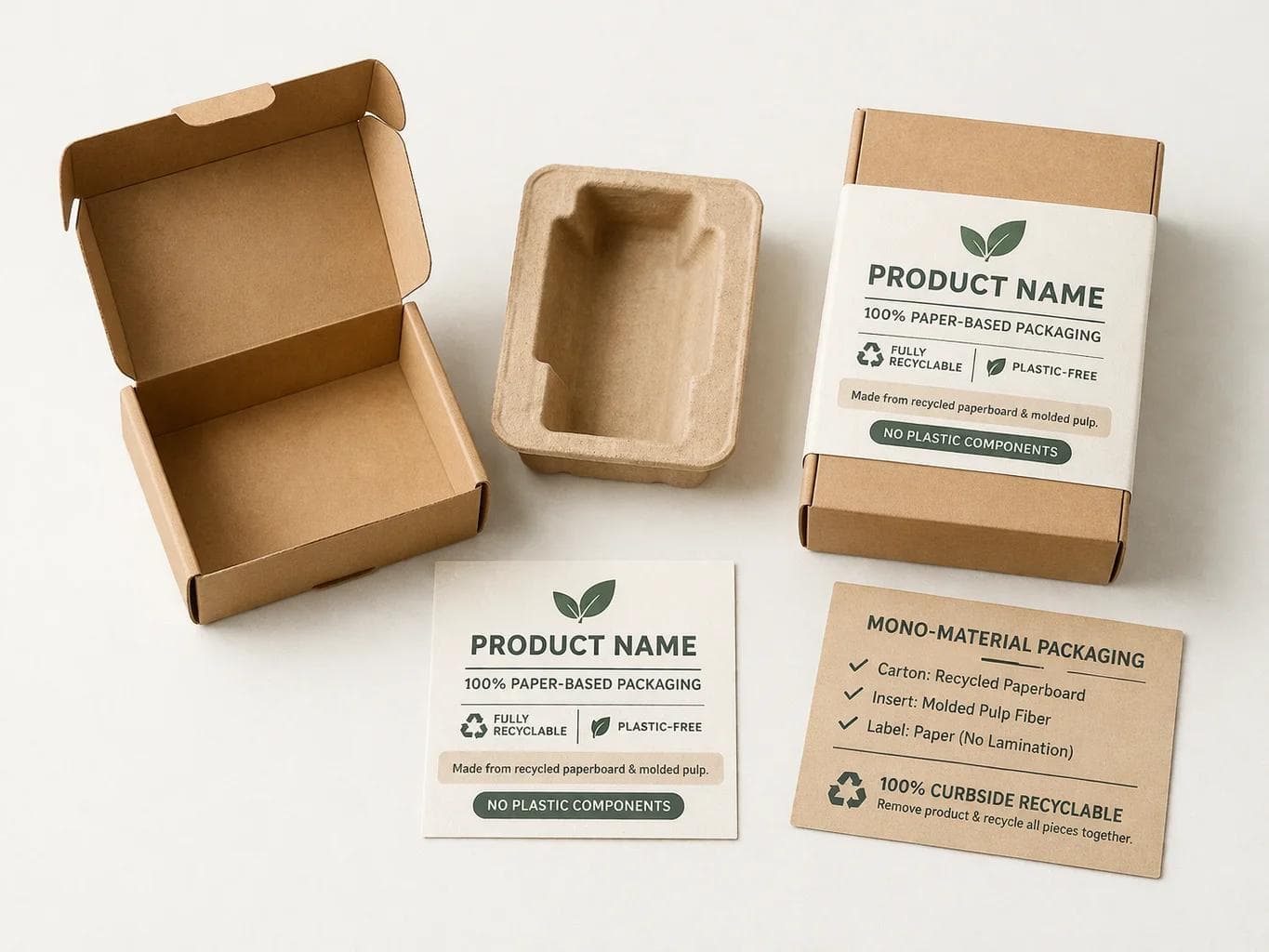 Mono-material paper packaging set with carton insert and label only