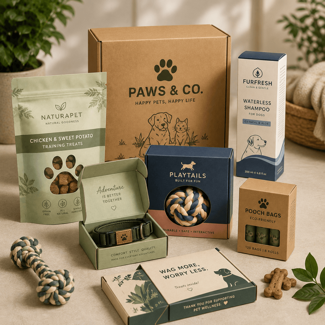 Custom pet product packaging with branded boxes, treat pouches, grooming cartons, toy packaging, and a mailer box.