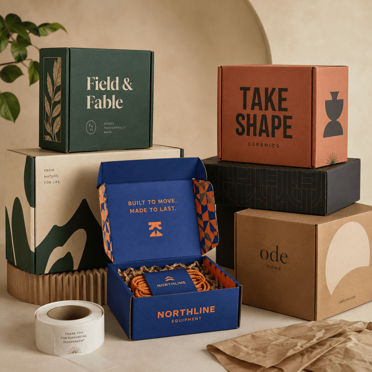 Colorful branded corrugated shipping boxes arranged in a premium studio setup with varied custom packaging styles.