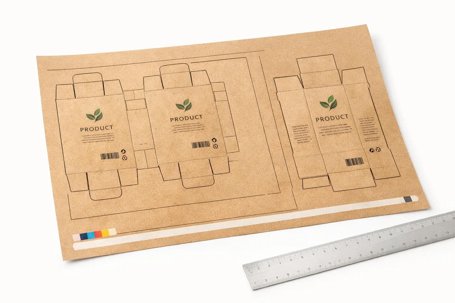 Efficient print layout on kraft stock with minimal offcuts and restrained ink coverage