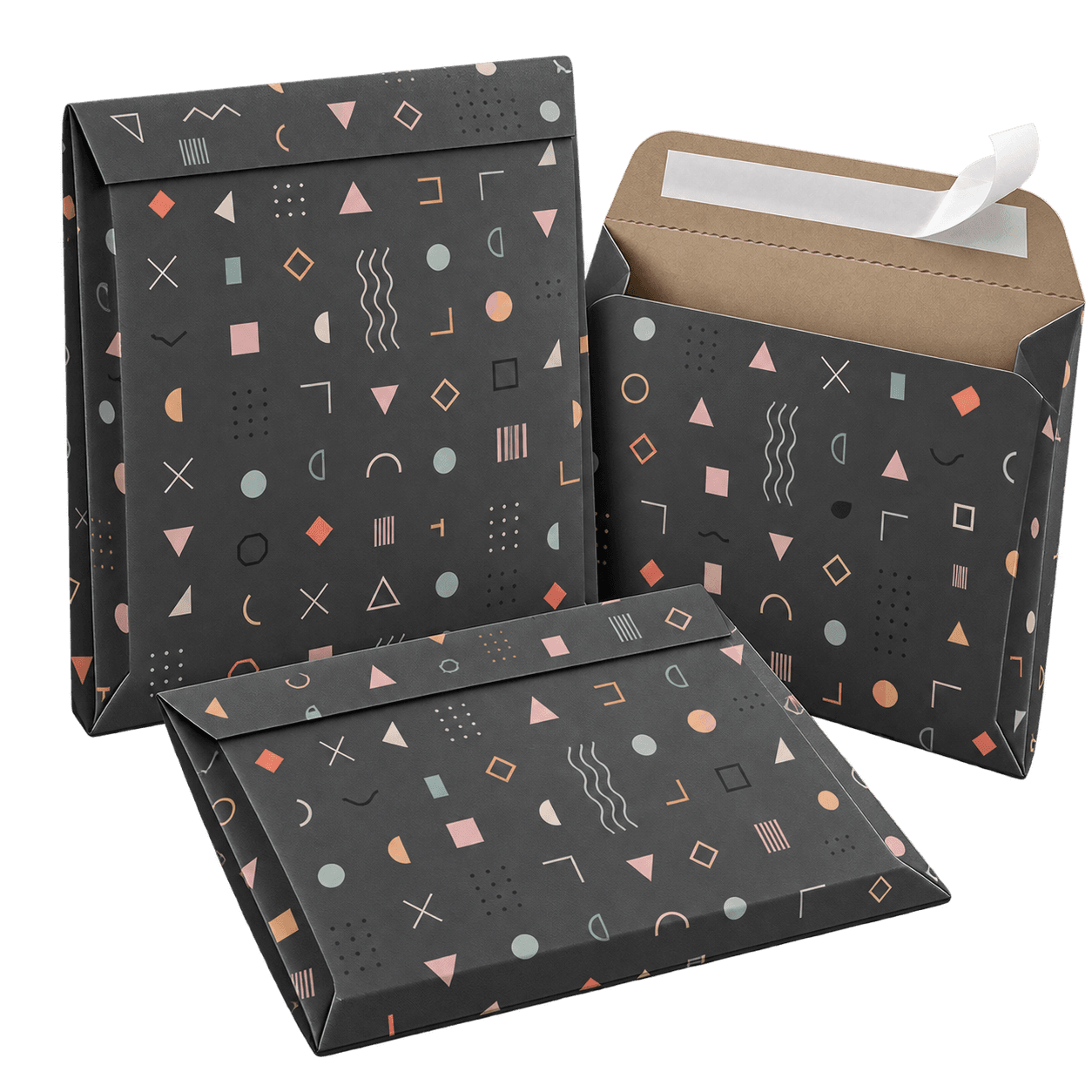 Custom mailing envelopes with charcoal geometric print, gusseted sides, and peel-and-seal closure.