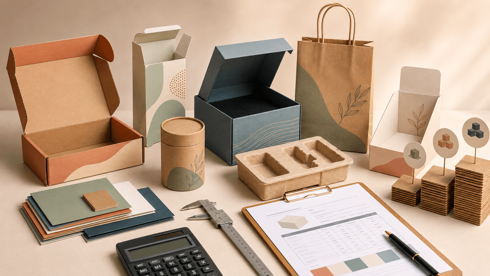 Colorful custom printed packaging samples with a mailer box, folding carton, rigid box, paper bag, tube, insert tray, calculator and quote sheet for box pricing and MOQ planning.