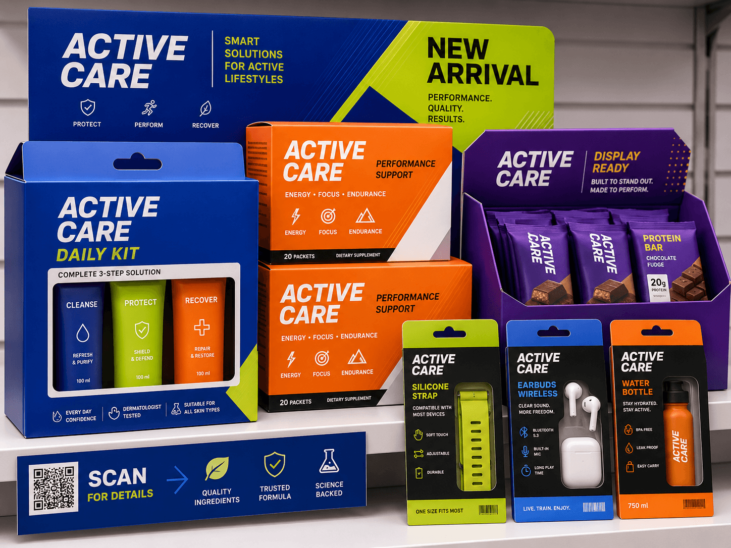 Colorful retail packaging boxes with fictional branding, shelf-ready product display and printed details
