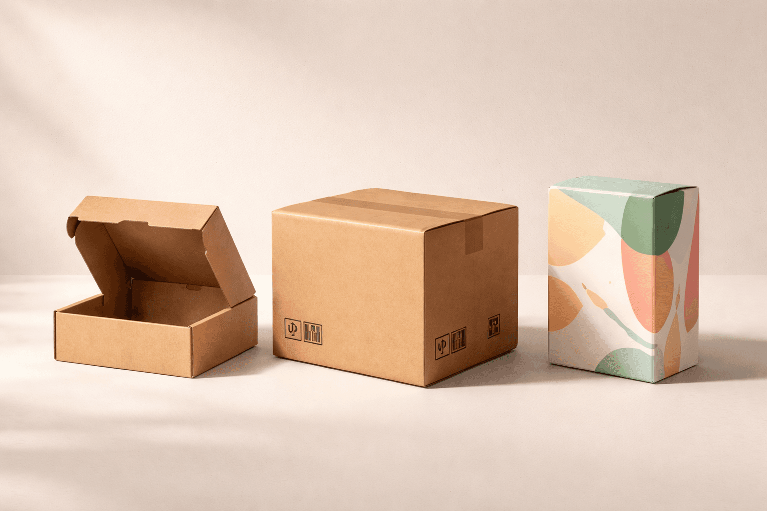 Three packaging styles arranged side by side in a studio setting including a corrugated mailer box a shipping box and a printed folding carton.