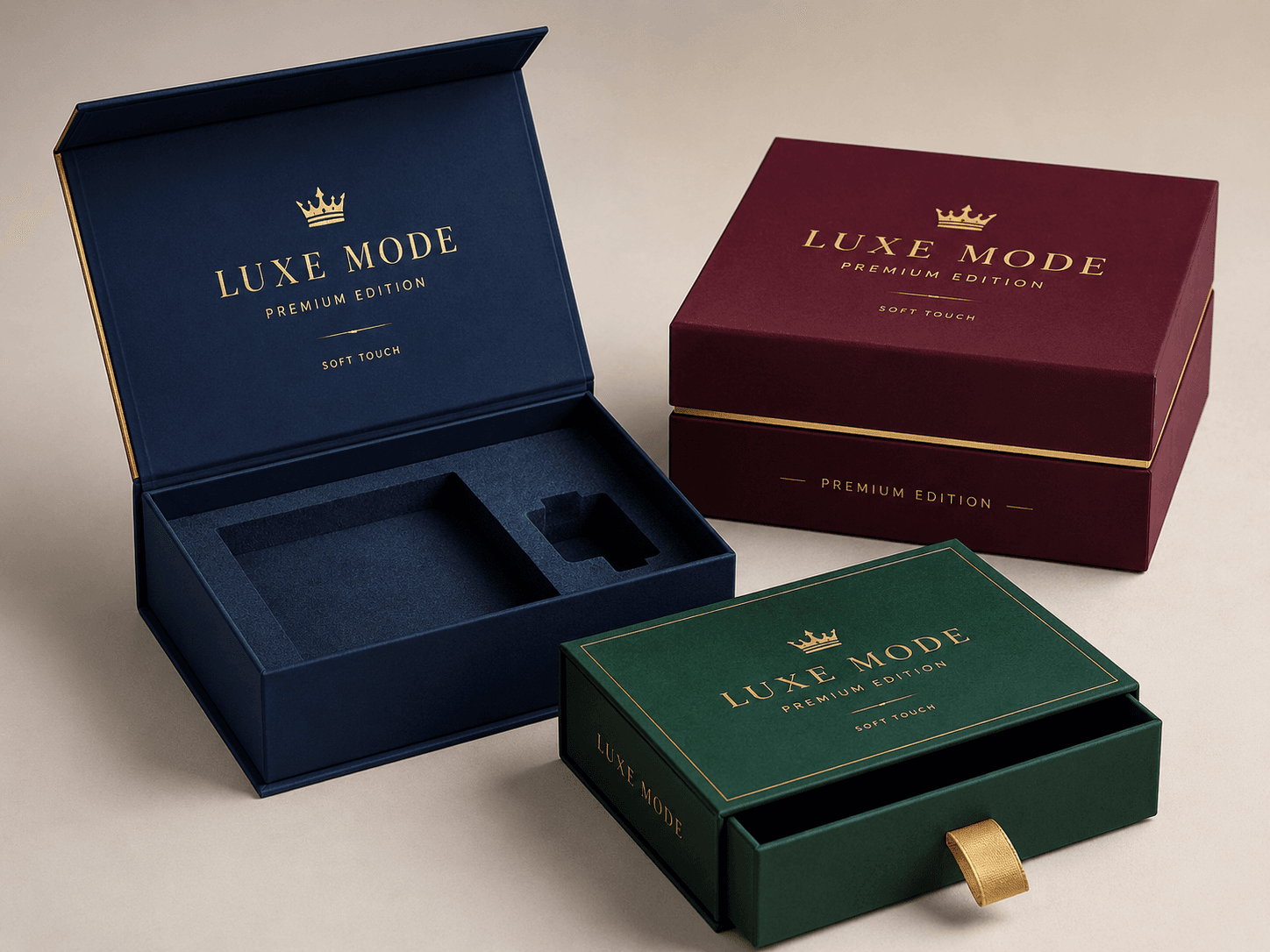 Premium colorful rigid boxes with fictional logo, magnetic closure style and luxury product presentation