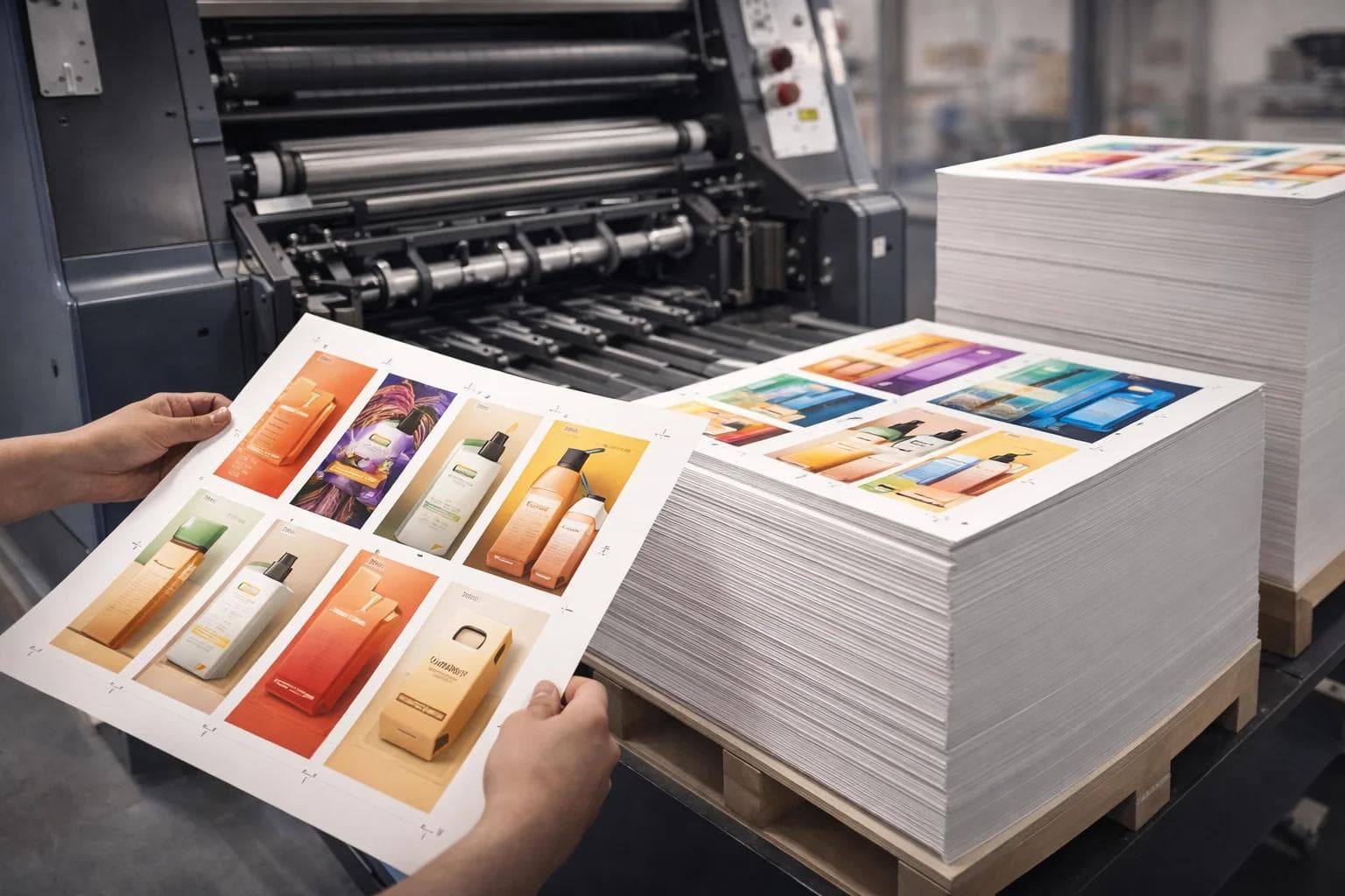 Sheet-fed offset press with printed paperboard sheets for custom packaging production