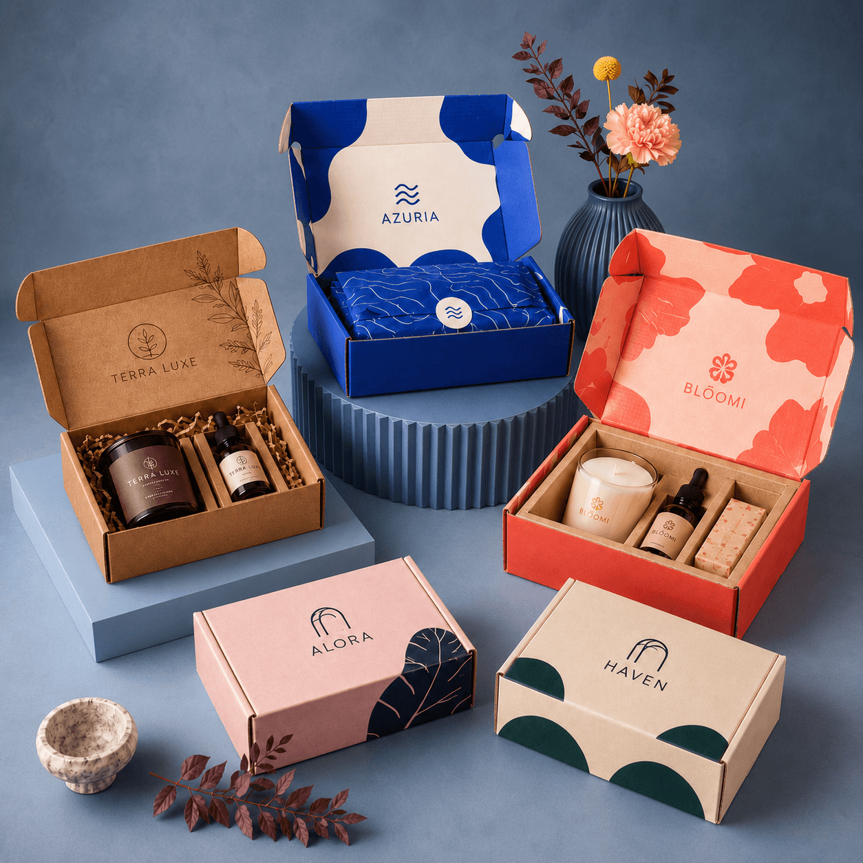 Colorful custom mailer boxes with fictional brand logos, open branded interiors, tissue paper and bold designs on a deep navy studio set.