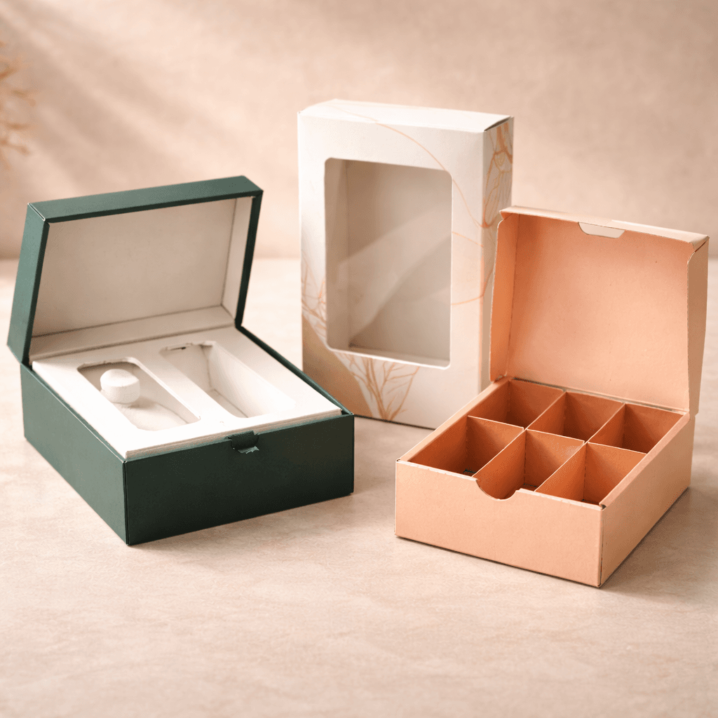 Custom packaging with fitted insert die-cut window and divider compartments for protection and presentation