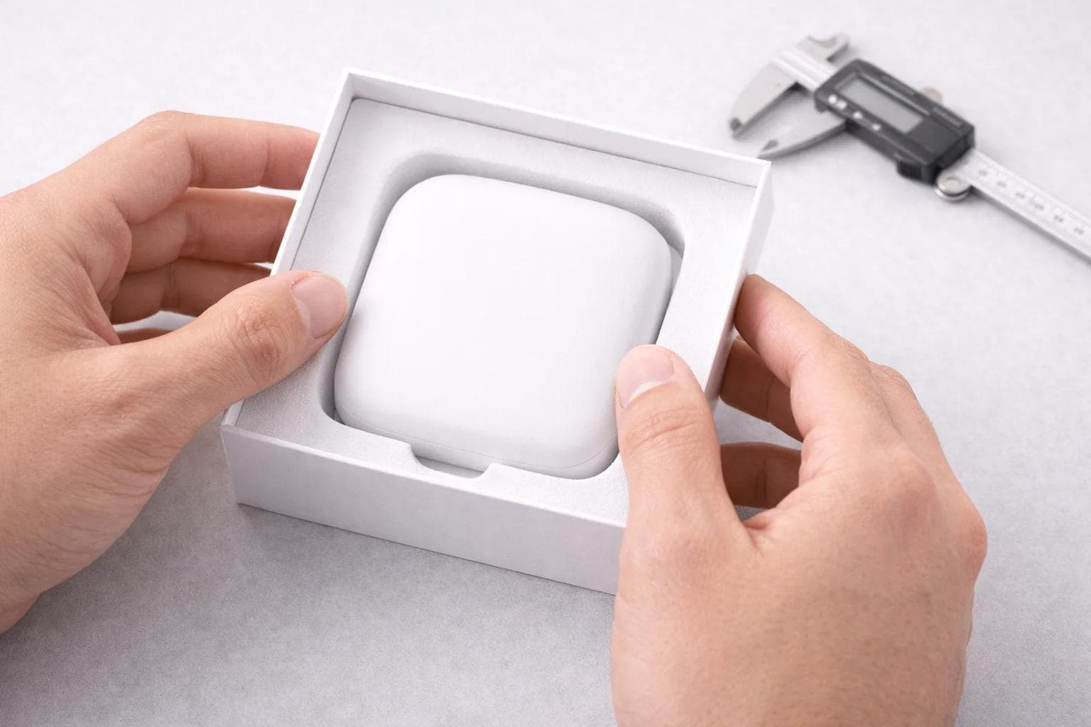 Hands testing product fit inside a white packaging prototype with a caliper nearby