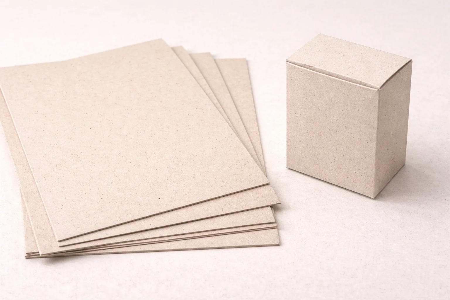 Recycled paperboard sheets and a simple carton sample with visible fiber flecks