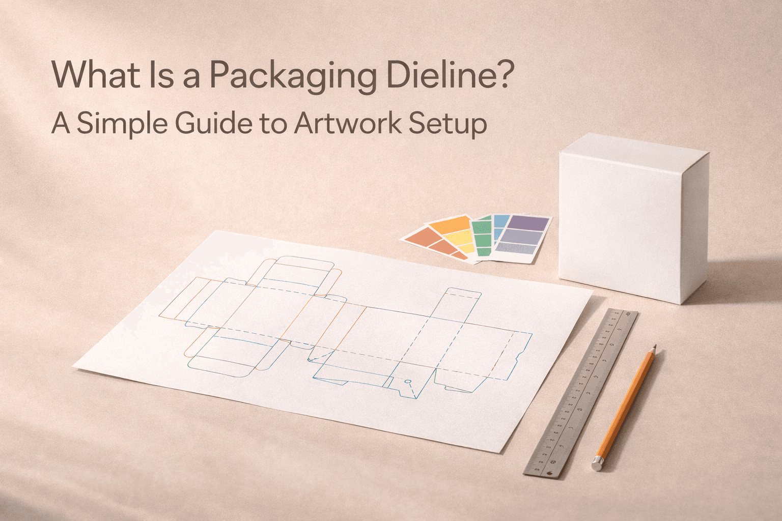 A packaging dieline printout on a studio desk with rulers artwork notes and a folded box mockup beside the flat layout.