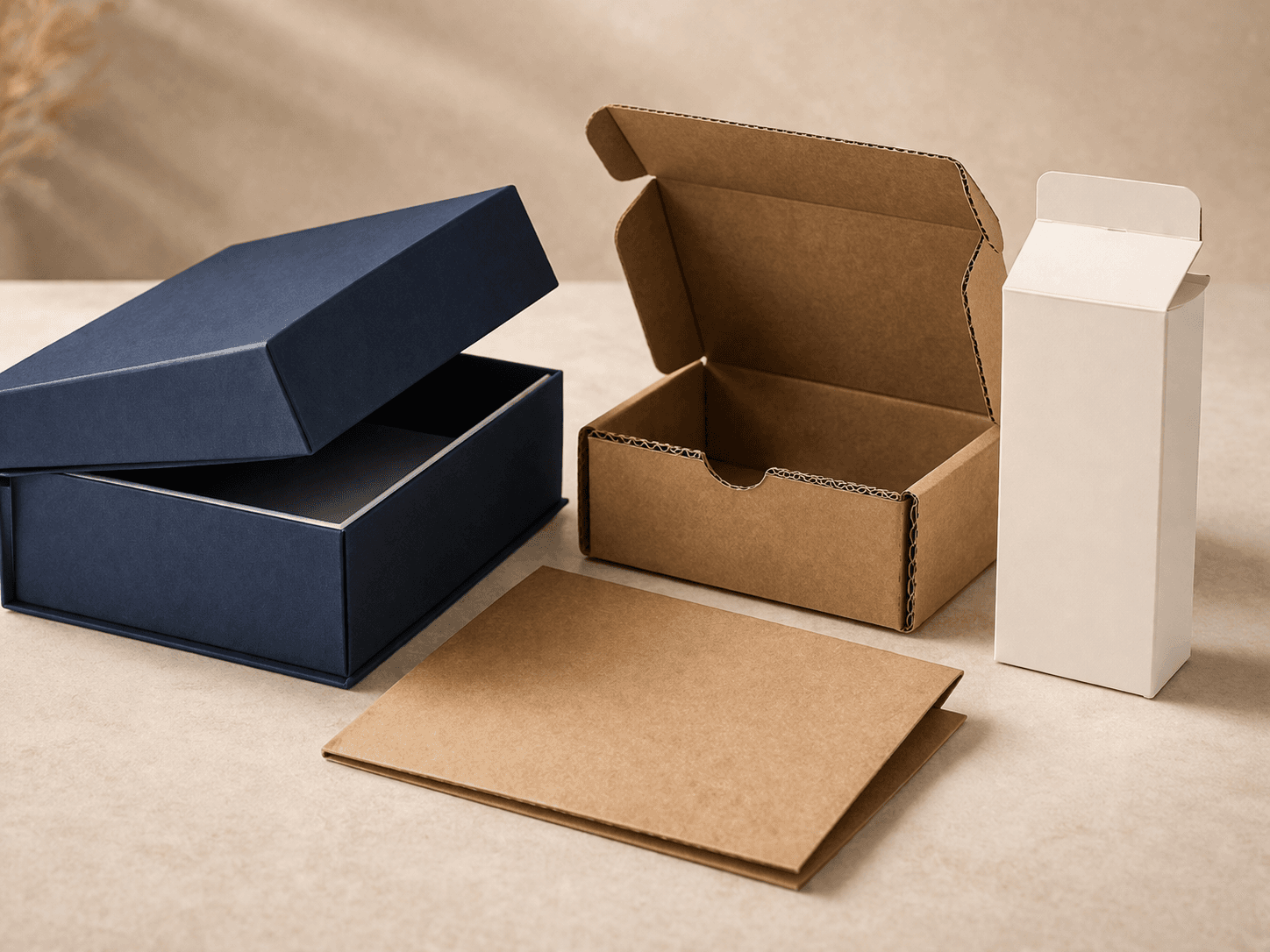 Premium packaging materials shown through a rigid box corrugated mailer folding carton and kraft paper packaging sample