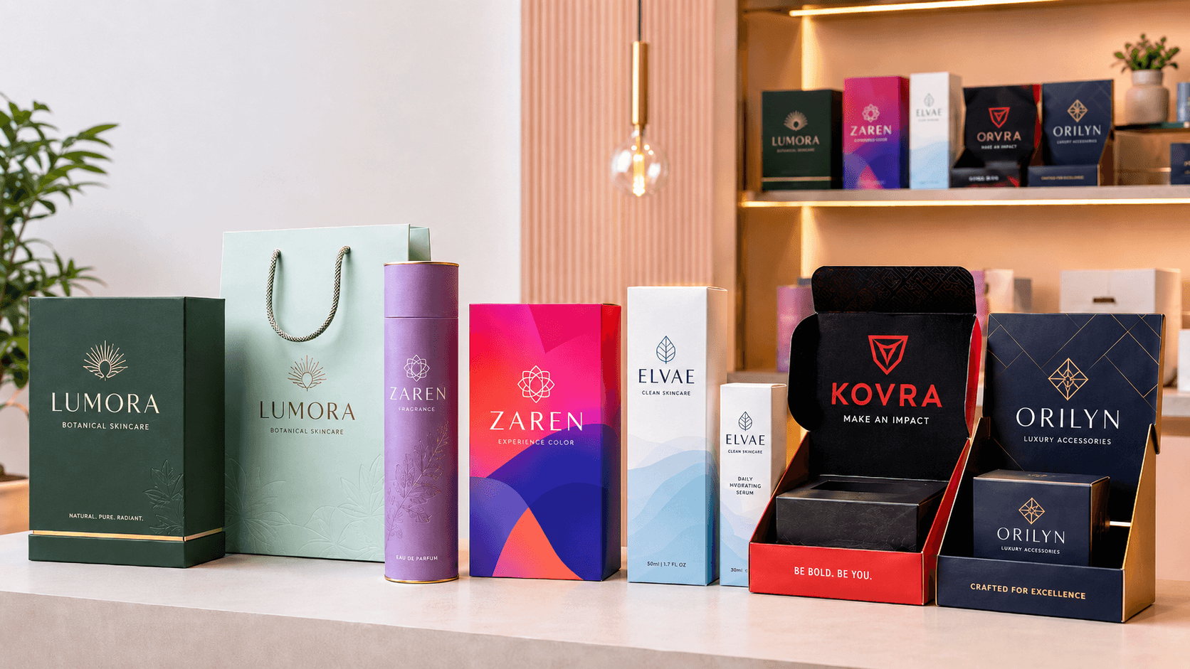 Custom packaging boxes with bold colors, clean typography and unique shelf-ready structures for retail products.
