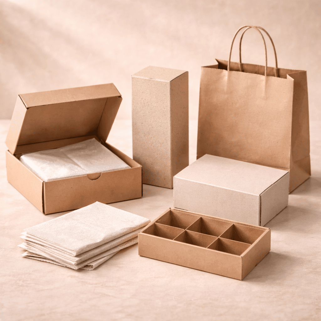 Sustainable paper-based packaging with kraft mailer recycled carton paper bag tissue and paper insert
