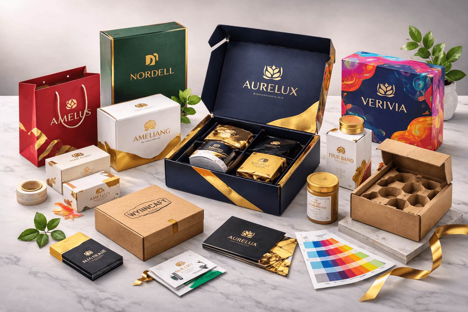 Industry packaging overview showing cosmetics, hospitality, bakery, electronics, wellness, e-commerce, apparel, jewelry, MRO and pet product packaging across retail and shipping formats.