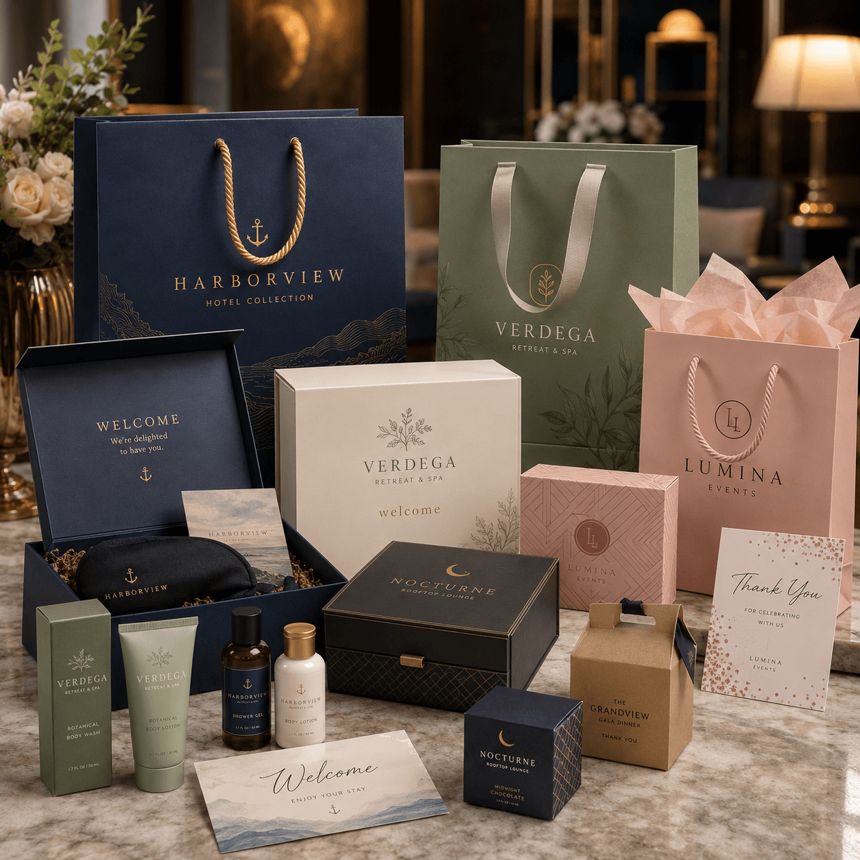 Luxury hospitality packaging for hotels and events, featuring branded gift boxes, amenity kits, and premium bags.