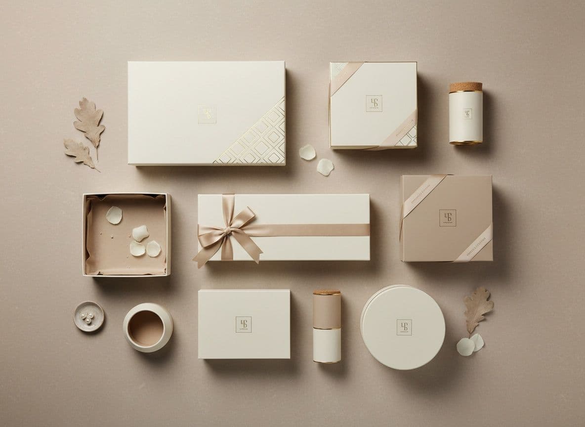 Premium custom packaging workspace with kraft boxes, mailer packaging, labels and quality-check materials arranged on a studio tabletop.