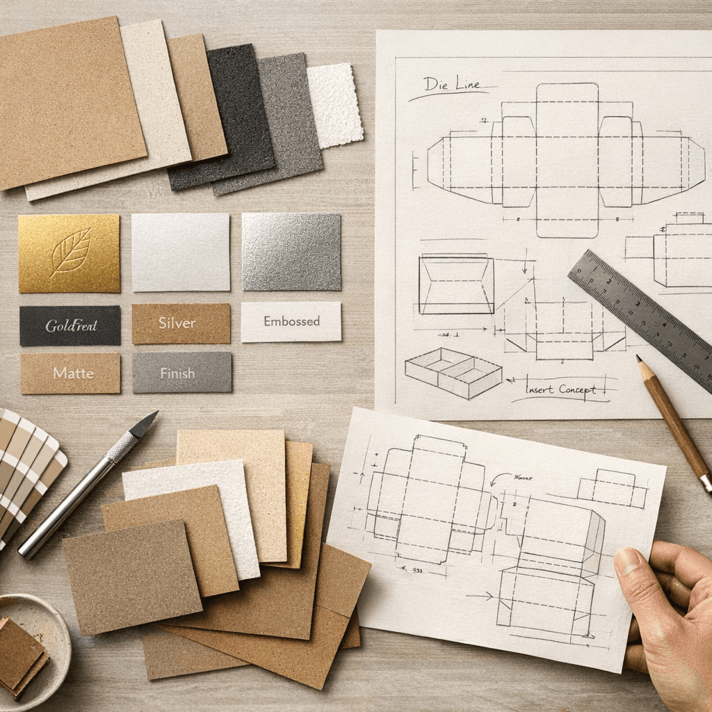 packaging material selection with kraft paper samples print finishes dieline proofs and premium surface treatments in a design workspace