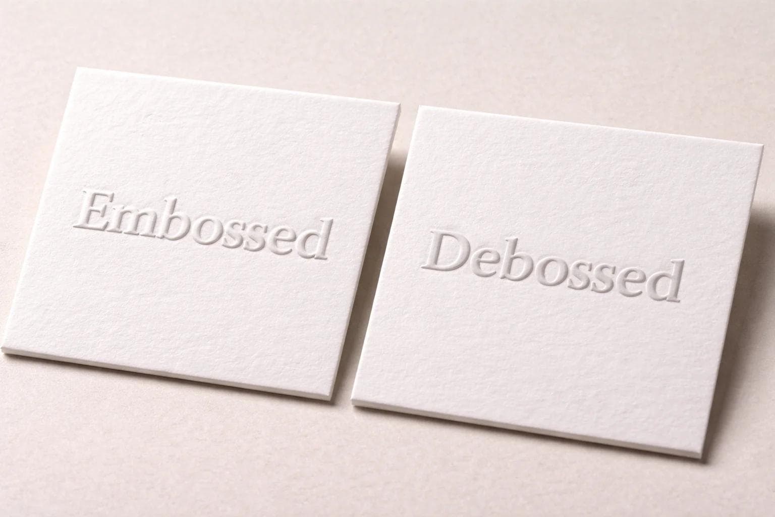 Embossed and debossed packaging boards shown side by side under soft side lighting