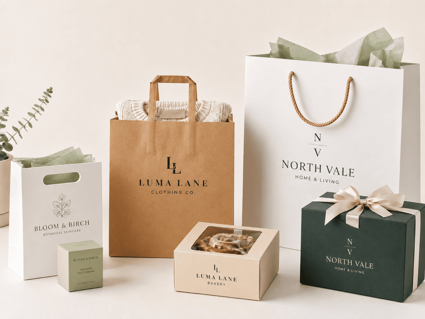 Three custom paper bag sizes displayed with different products to show how businesses can choose the right bag size