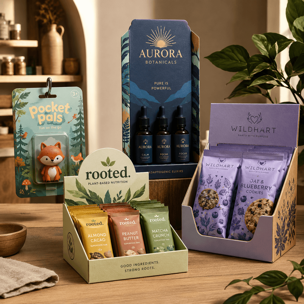 Custom display boxes with varied fictional brands arranged in a premium retail-style product showcase.