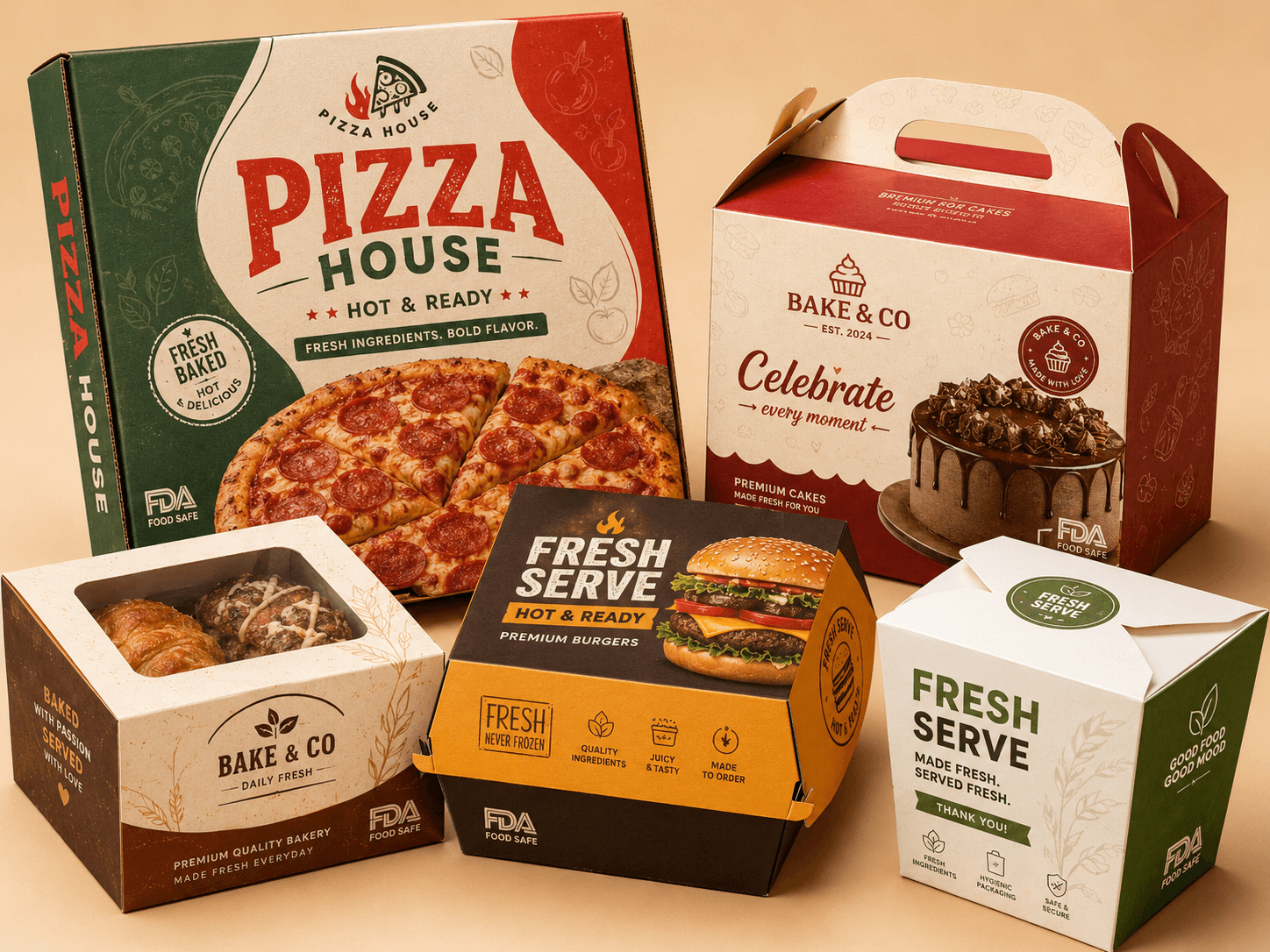 Vibrant custom food packaging with fictional pizza, bakery and takeout branding on colorful boxes