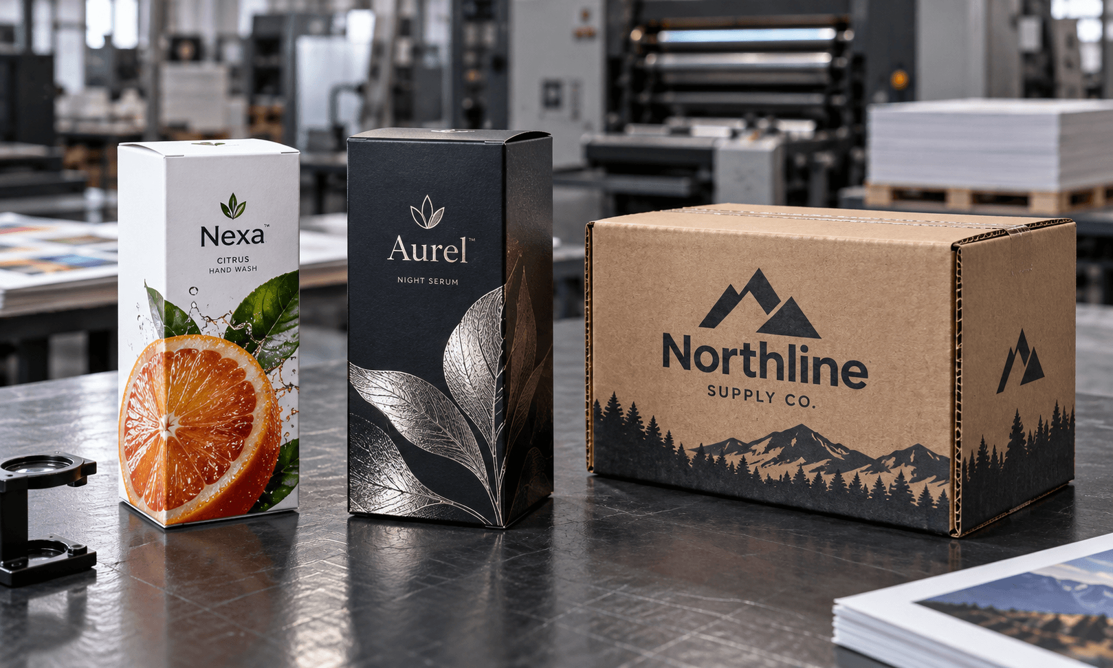 Three packaging print samples compare digital, offset and flexographic production on a press-check table.