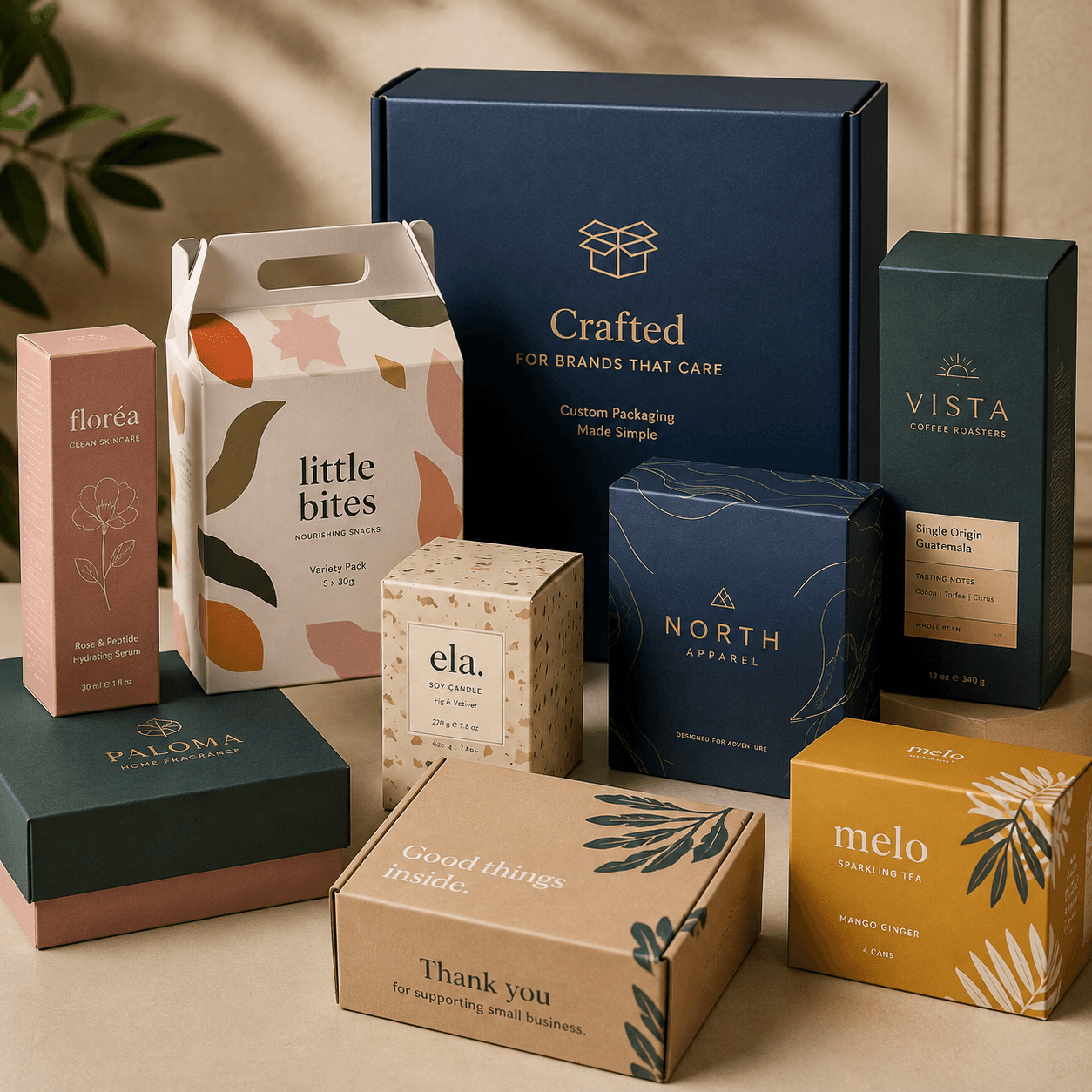 Assorted custom packaging with colorful fictional brands, premium finishes, and varied box styles in a studio setting.