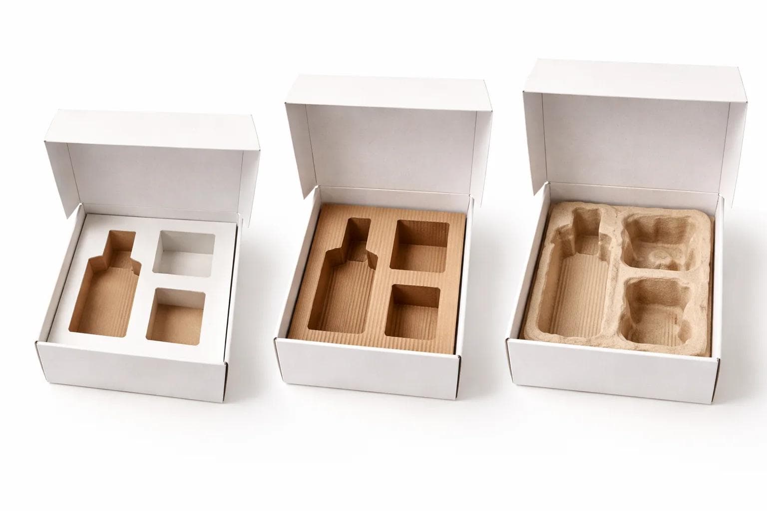 Open package showing folded paperboard corrugated and molded pulp inserts only