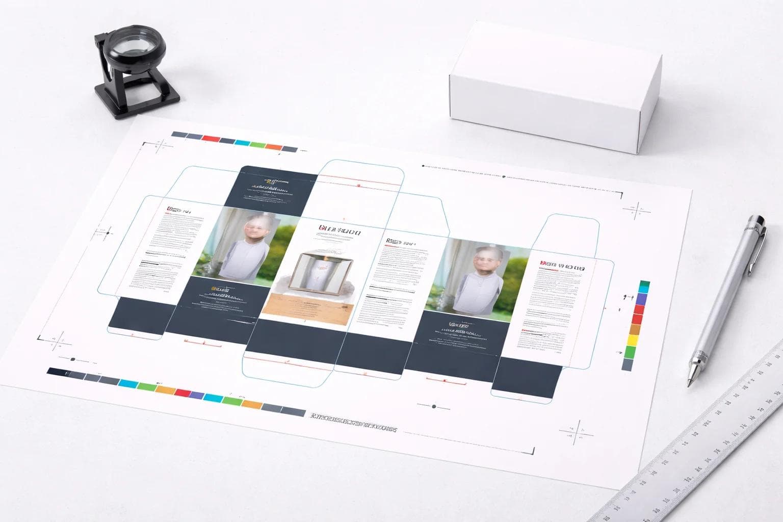 Flat packaging proof sheet with artwork layout dieline references and color bars