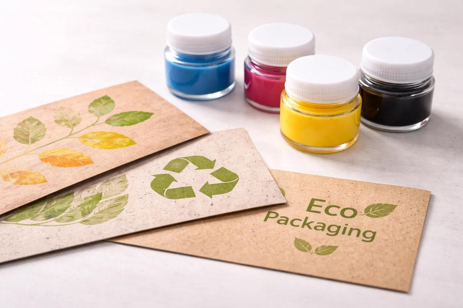 Water-based and soy ink containers beside printed kraft and recycled paperboard samples