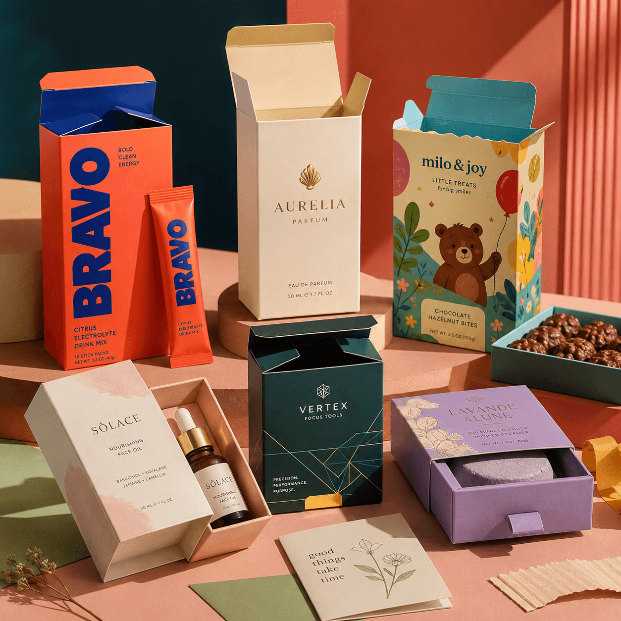 Colorful folding carton packaging with varied fictional brands, premium paperboard finishes, and retail-ready designs.
