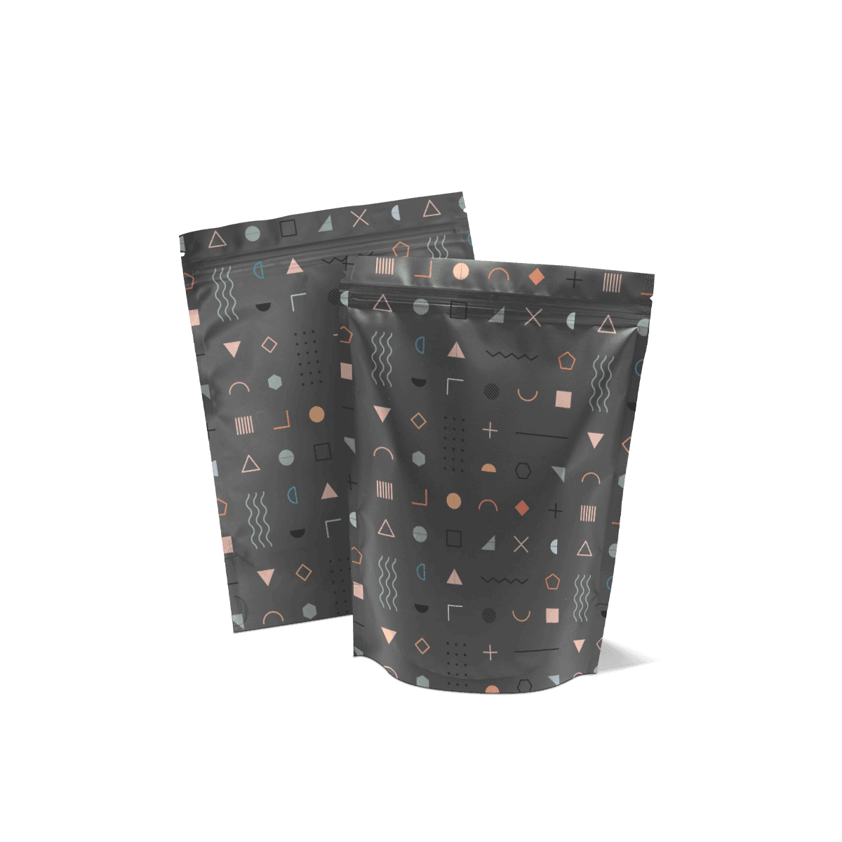 Zipper Pouches with flexible film structure, compact packing, and clean front-facing graphics space