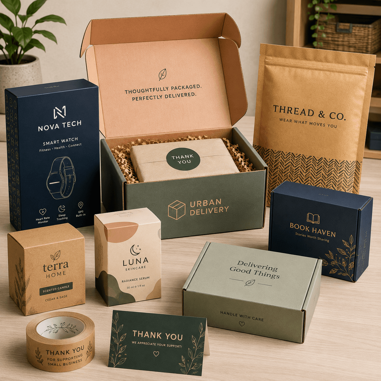 Custom e-commerce and retail packaging with colorful branded mailer boxes, shopping bags, and premium product boxes.