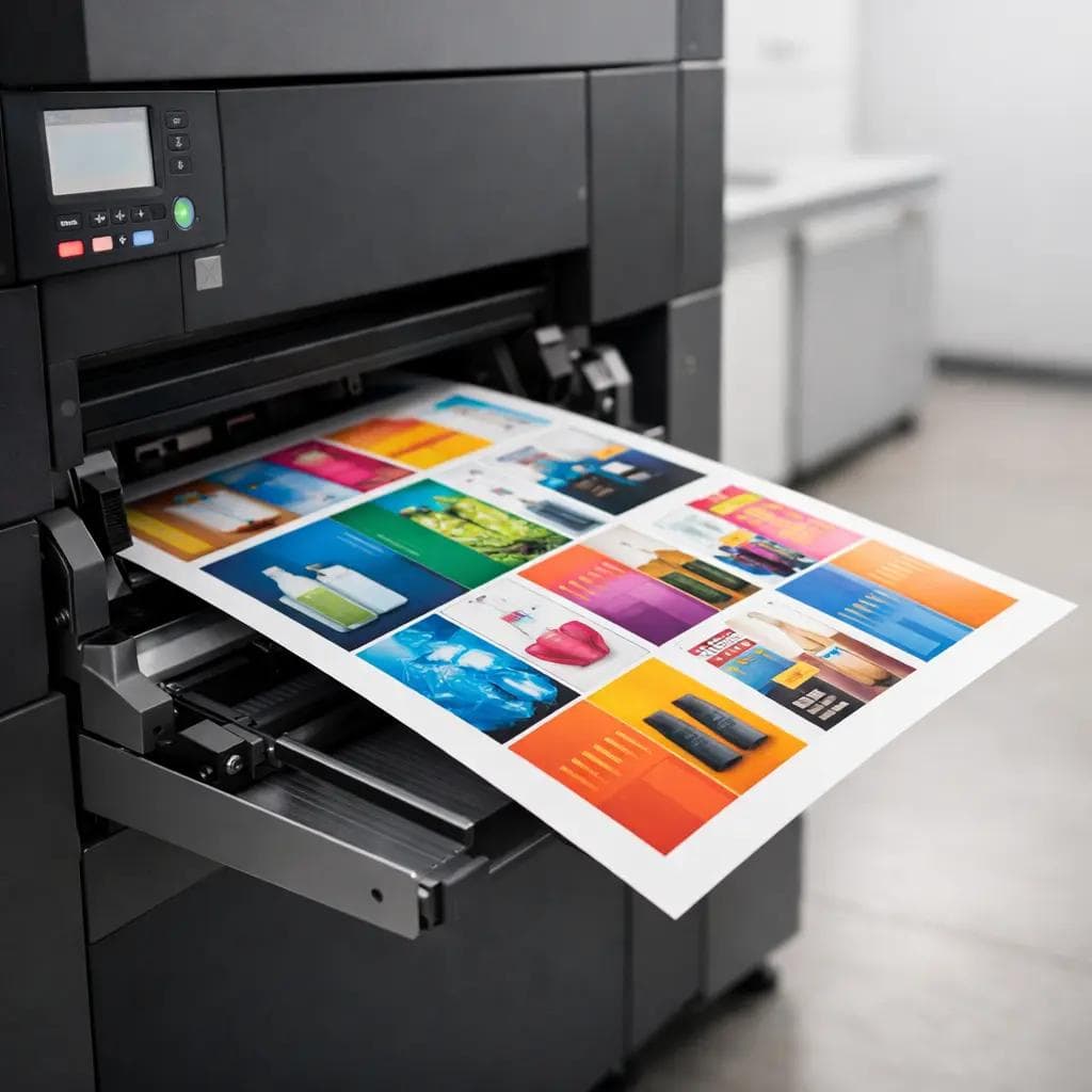 Modern digital press producing a short-run printed folding carton sheet for custom packaging