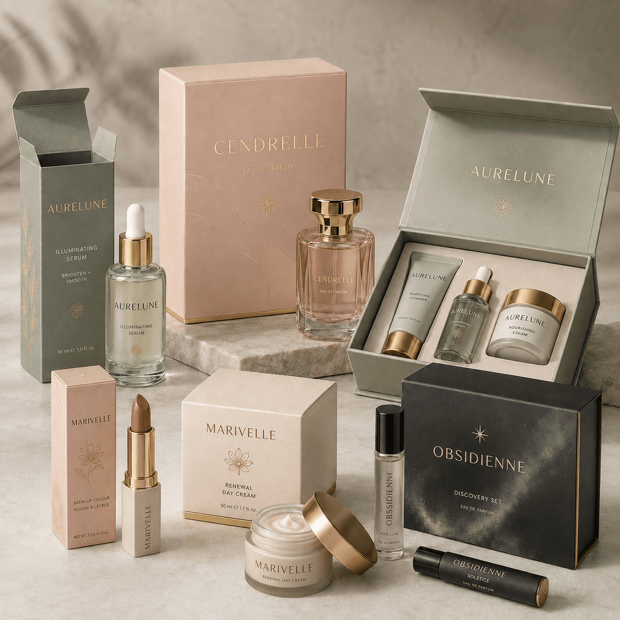 Custom cosmetic packaging with skincare, perfume, lipstick and beauty gift boxes in premium branded finishes.