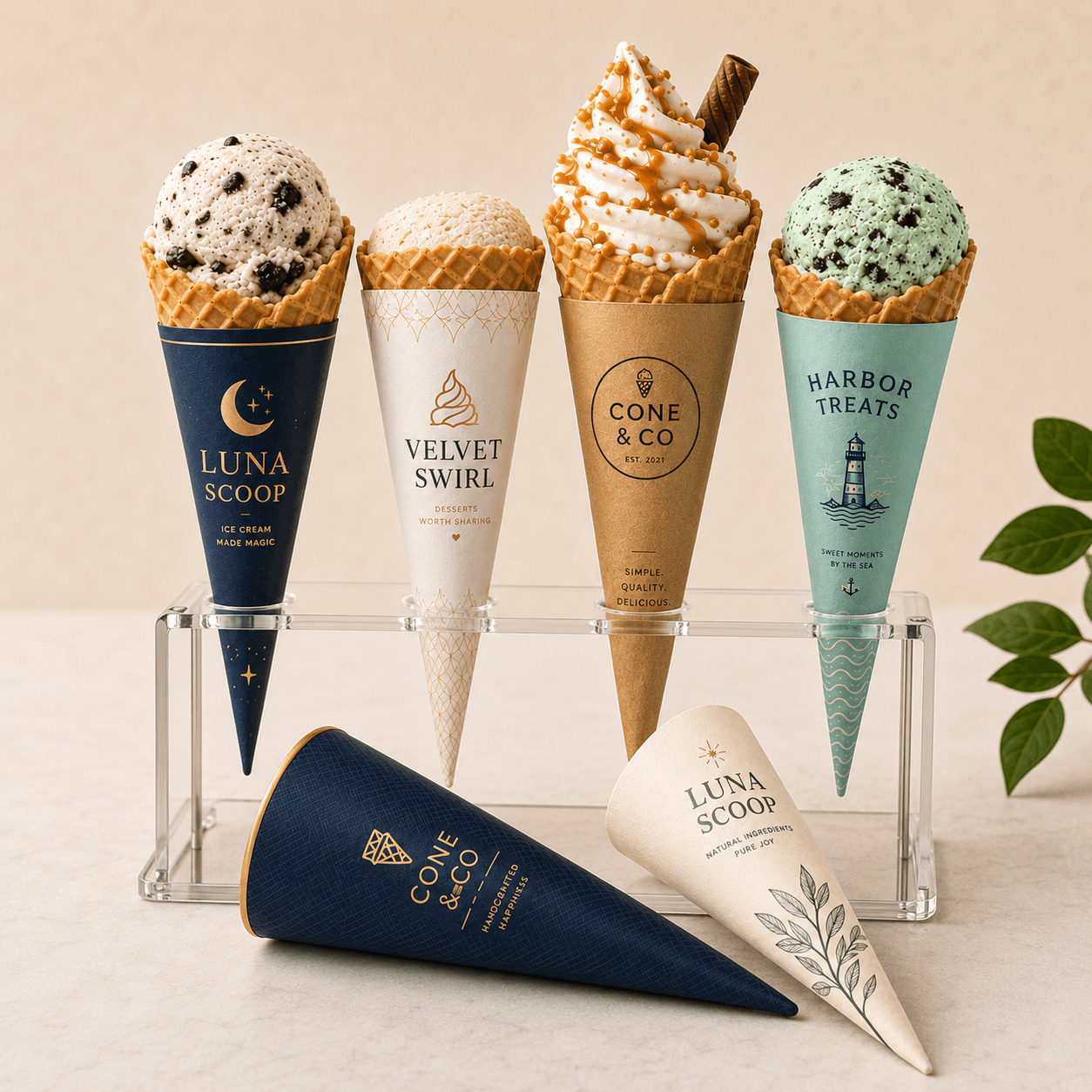Custom cone sleeves with branded ice cream and waffle cones in a premium food service display