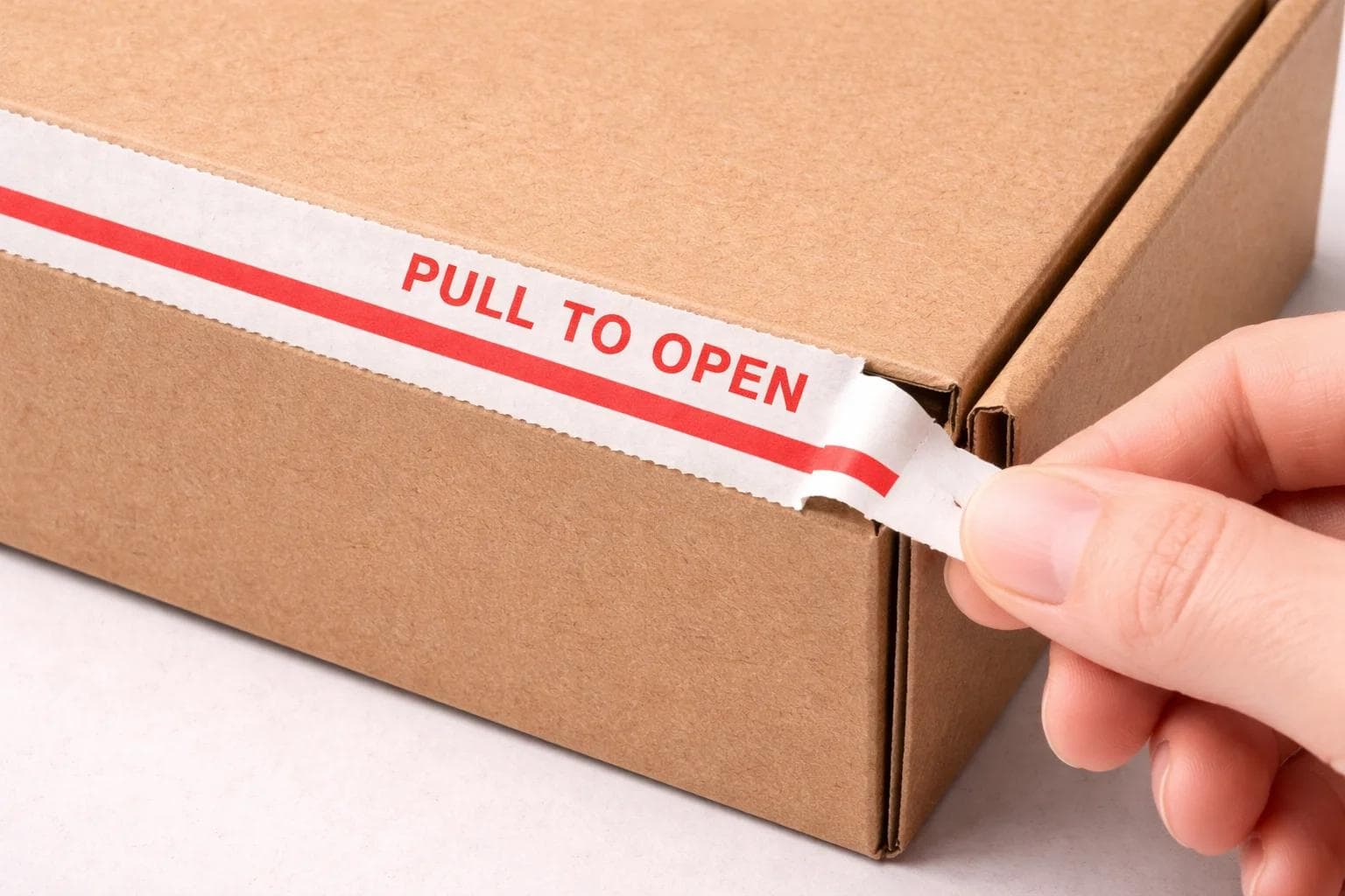 Close-up of a packaging tear strip and pull tab opening feature