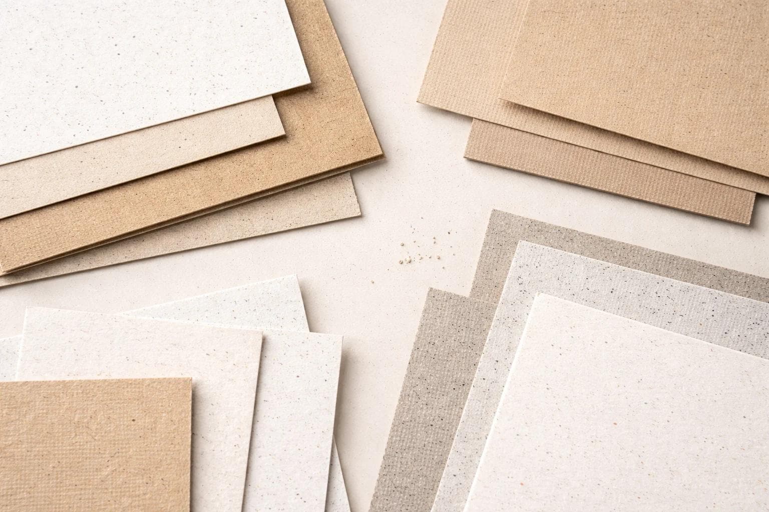 Recycled paperboard and specialty packaging paper swatches arranged in a clean flat lay