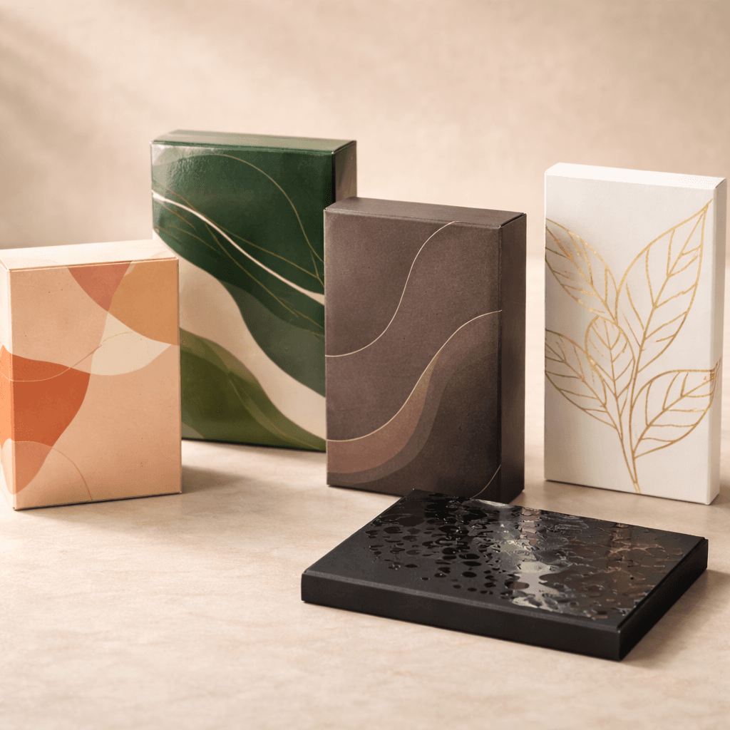 Premium packaging finishes showing matte gloss soft-touch foil and spot UV surface effects