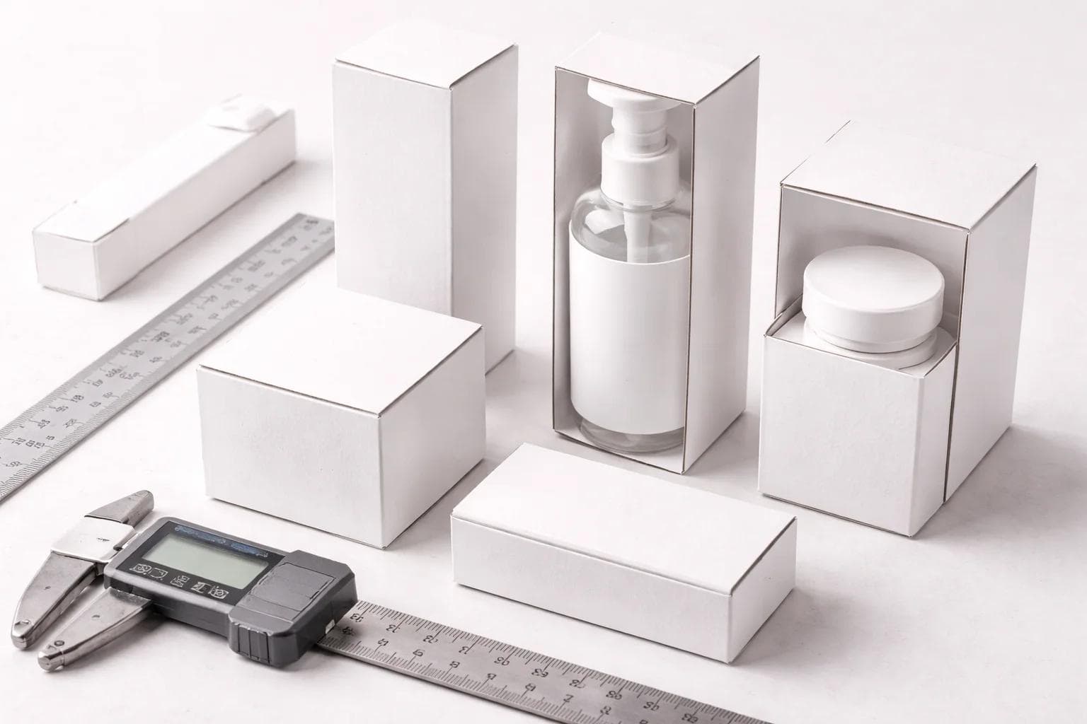 Packaging prototypes sized closely around product forms with a ruler nearby