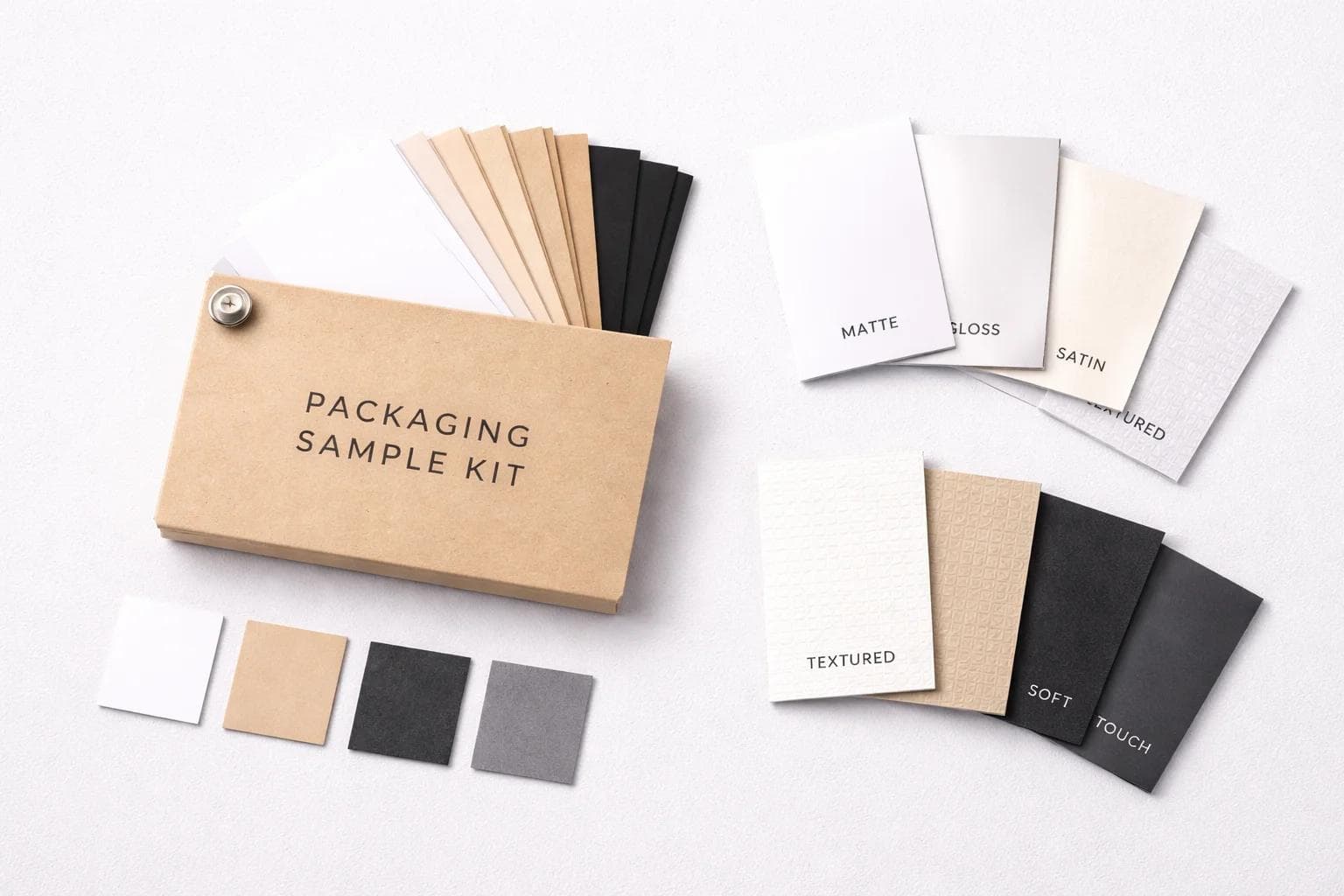 Packaging sample kit with paper stocks and finish swatches in a clean flat lay
