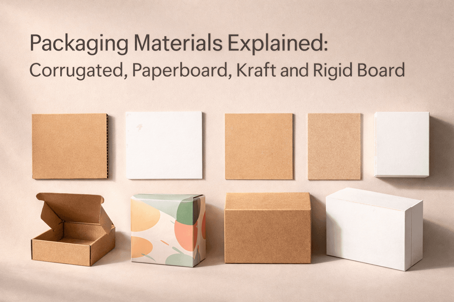 Packaging material samples arranged on a studio surface including corrugated board paperboard kraft stock and rigid board with printed box examples.