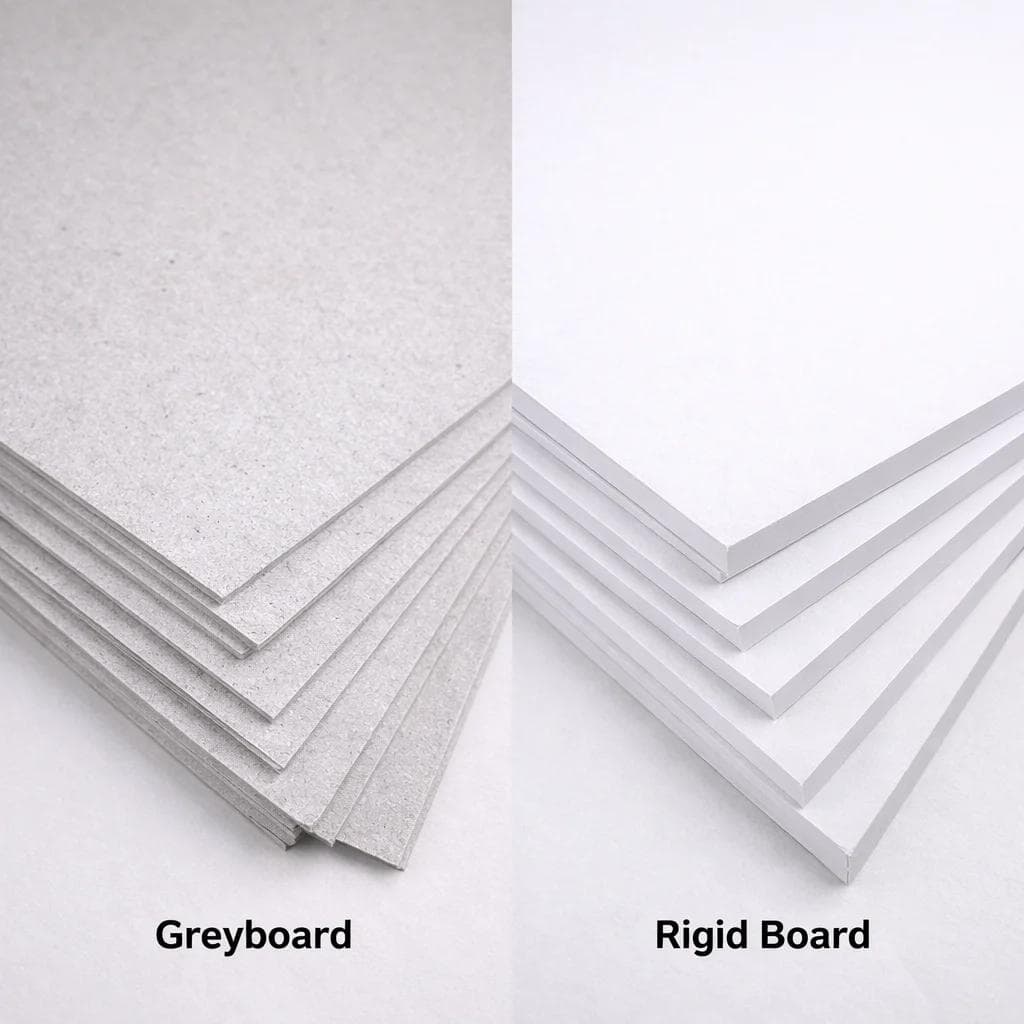 Thick greyboard and rigid box board showing a dense core in a cutaway corner